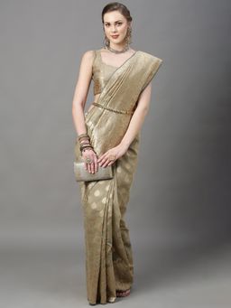 Akhilam - Womens Cotton Silk Beige Woven Design Saree with Unstitched Blouse