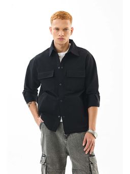 Snitch - Black Textured Full Sleeves Relaxed Casual Overshirt for Men