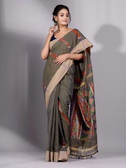 CHARUKRITI - Dark Green Tissue Handwoven Saree with Cream Border Without Blouse