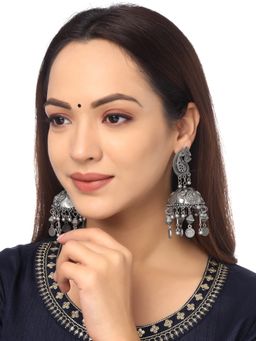 Yellow Chimes - Silver-Toned Oxidised Peacock Design Jhumkas Earrings