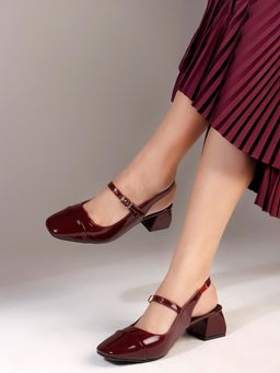 ELLE - Women Wine Solid Block Heels Slingback Sandals