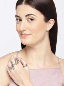 OOMPH Vintage Floral Oxidised Silver Tone Metal Crystal Cocktail Fashion Ring (Set of 4)