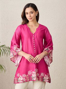 First Resort by Ramola Bachchan - Women Chanderi Floral Pink Top