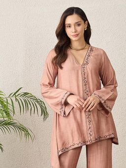 First Resort by Ramola Bachchan - Women Muslin Embroidered Pink Top