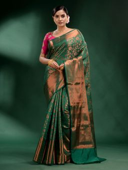CHARUKRITI - Green Pure Silk Handwoven Soft Saree with Unstitched Blouse