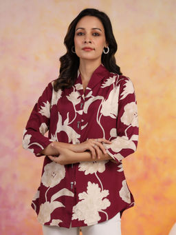 KAFTANIZE - Wine Color Floral Print Lapel Collar Salli Work Russian Silk Shirts