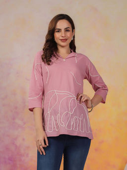 KAFTANIZE - Dusty Pink Elephant Motif Cord Work Detail Cotton Cambric Tunic
