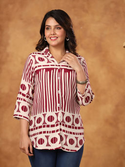 KAFTANIZE - Wine Color Printed Shell Button Front Notch Collar Russian Silk Shirts