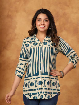 KAFTANIZE - Teal Green Color Abstract Printed Shell Button Front Russian Silk Shirts