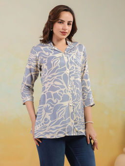 KAFTANIZE - Cream & Grey Printed Shell Button Front Russian Silk Shirts