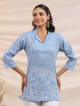 KAFTANIZE - Sky Blue Base Elephant Motif Cord Work Detail Cotton Linen Tunic