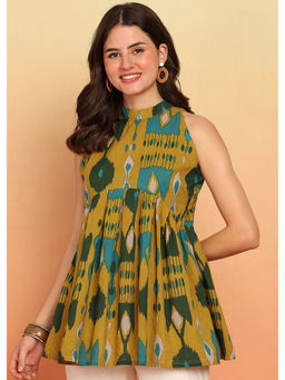 Vbuyz - Women Pastel Yellow Geometric Printed Fit & Flare Cotton Stitched Tunic