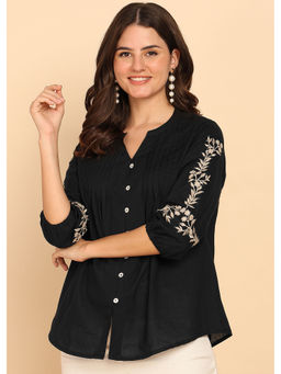 Vbuyz - Women Black Solid Fit & Flare Cotton Stitched Top