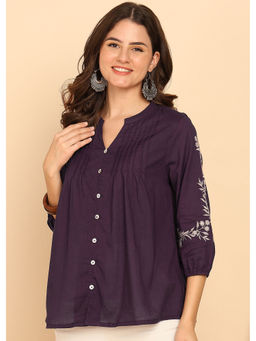 Vbuyz - Women Purple Solid Fit & Flare Cotton Stitched Top