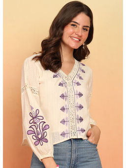 Vbuyz - Women Off-White Embroidery Flare Cotton Jacquard Stitched Top