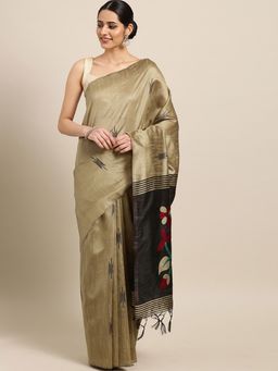 Stylee LIFESTYLE - Beige Ikkat Silk Jacquard Saree With Blouse Piece