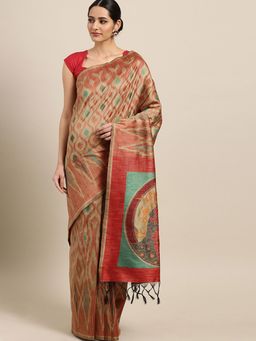 Stylee LIFESTYLE - Beige Ikkat Silk Jacquard Saree With Blouse Piece