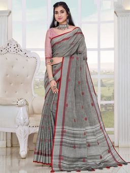 EXCLUSIVA - Grey Linen Saree with Unstitched Blouse