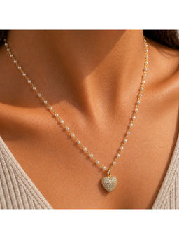 Ruby Raang Studio - White Mala Bead Chain Pave with Heart Necklace