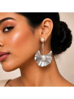 Ruby Raang Studio - Silver Fan Petal Earrings with Pearl and Opal Drop