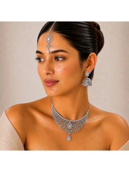 Ruby Raang Studio - White Cz Bridal Necklace with Jhumka Earrings and Maang Tikka