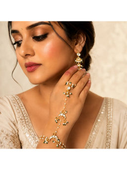 Ruby Raang Studio - White Kundan Moon Motif Hand Harness with Chain and Earrings