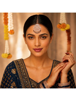 Ruby Raang Studio - Rose Gold CZ Maang Tikka - Spiral Concentric Design with Black Drop Accents