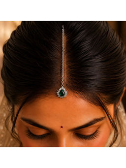 Ruby Raang Studio - Silver Maang Tikka with Green Teardrop CZ and Lotus Pendant