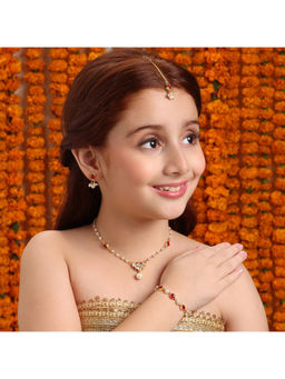 Ruby Raang Studio - Kundan Gold Plated Necklace with Earrings and Bracelet and Maang Tikka