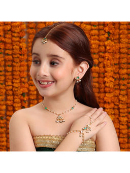 Ruby Raang Studio - Kundan Gold Plated Necklace and Earrings with Hand Harness and Maang Tikka