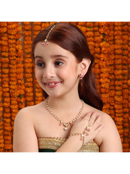 Ruby Raang Studio - Gold Plated Kundan Pink Necklace & Earrings with Hand Harness & Maang Tikka