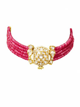 XAGO - 18k Gold Plated Multi-Strand Faceted Pink Bead Choker Necklace