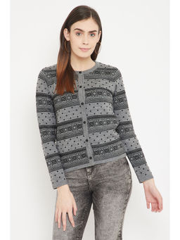 Madame - Self Design Round Neck Casual Women Grey Sweater