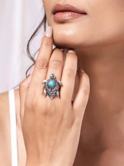 Voylla - Boho Tribe Turtle Turquoise Oxidised Ring
