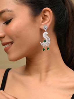 Silvermerc Designs - Green and Silver American Diamond Leaf Shape Earring