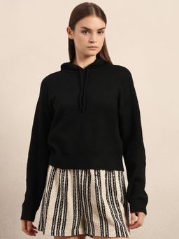 VERO MODA - Solid/Plain Black Hooded Sweatshirt