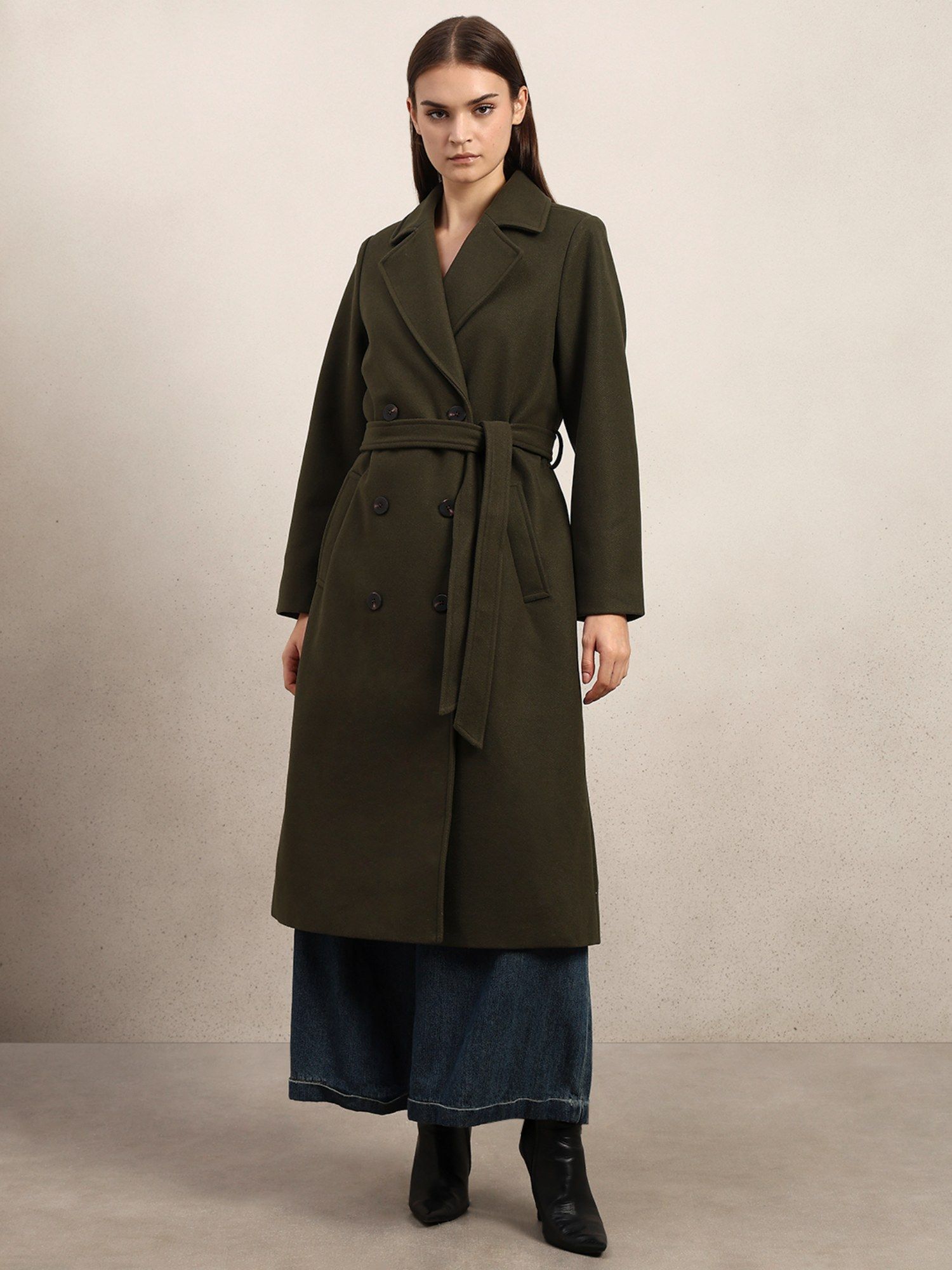 vero moda Dark Olive Longline Trench Overcoat with Belt-picture-30
