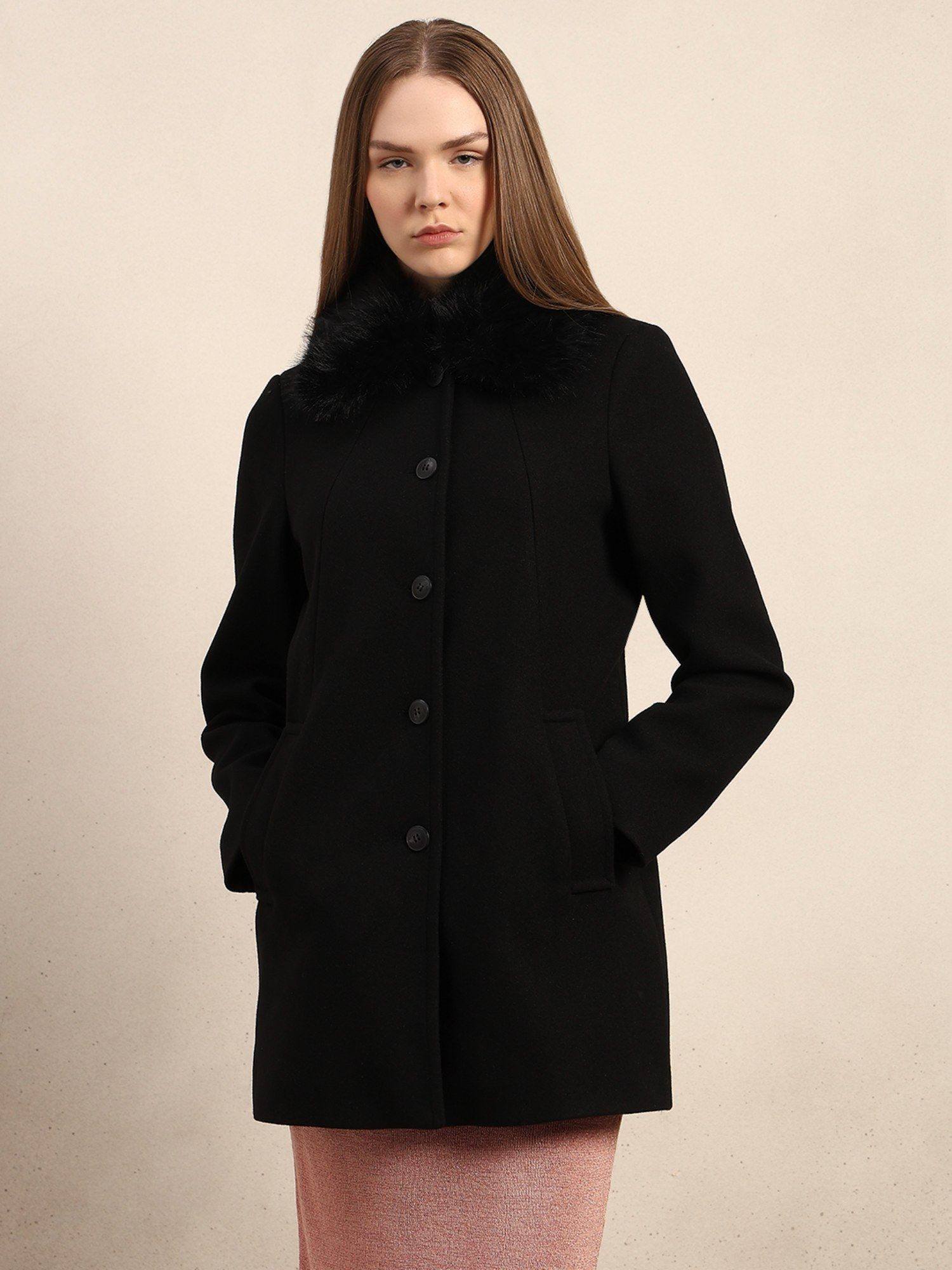 vero moda Black Faux Fur Collar Overcoat-picture-20