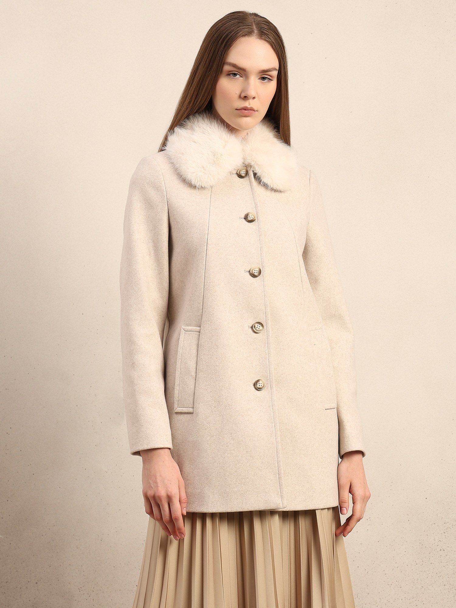 vero moda Beige Faux Fur Collar Overcoat-picture-37