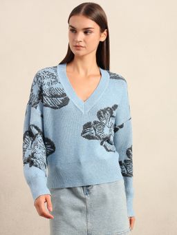 VERO MODA - Light Blue Floral V-Neck Sweater