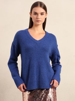 VERO MODA - Solid/Plain Dark Blue V-Neck Pullover
