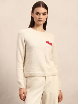VERO MODA - Heart Print O-Neck Pullover - Cream