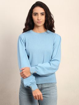 VERO MODA - Ribbed Knit O-Neck Pullover - Light Blue