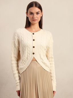 VERO MODA - Textured Cream Cable-Knit Cardigan