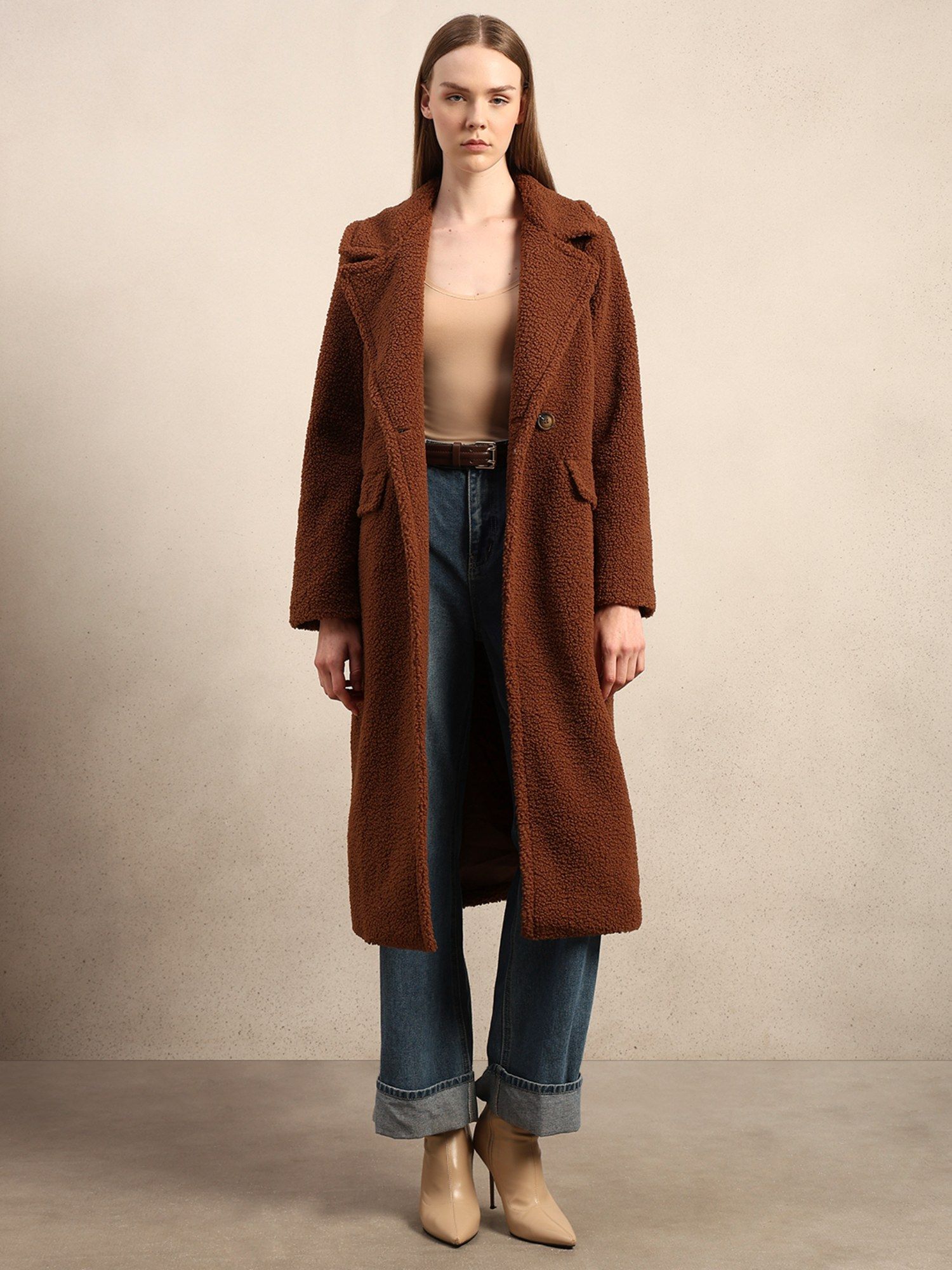 vero moda Brown Boucle Double-Breasted Overcoat-picture-20