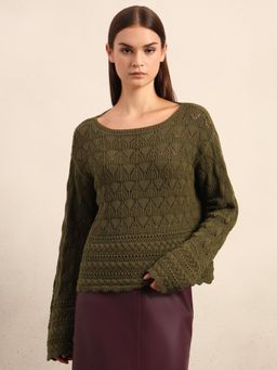VERO MODA - Olive Green Open-Knit Pullover