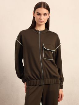VERO MODA - Solid/Plain Dark Brown Zip-Up Jacket