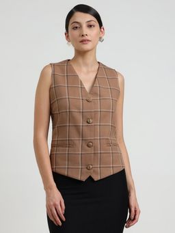FableStreet - Cotton Plaid Waistcoat - Brown