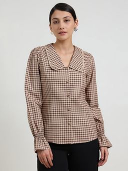FableStreet - Cotton Gingham Peter Pan Collar Top - Beige