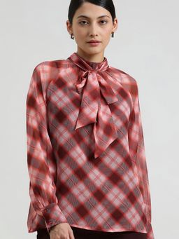 FableStreet - Checks Plaid High Neck Top - Red
